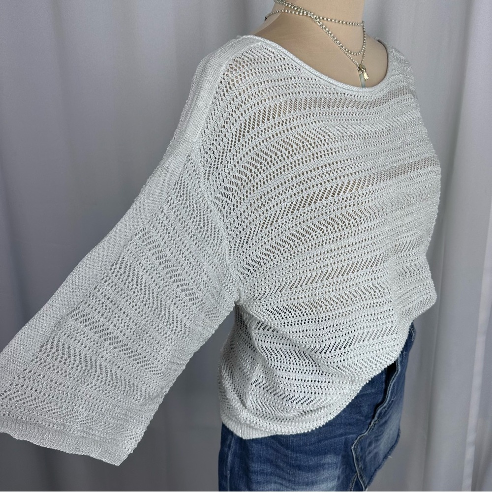 Chicos Metallic Knit Sweater Top Sz 1 (M) Open Knit Wide Sleeve Casual Capsule